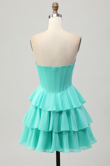 Sparkly Green Ruffled Sweetheart Short Corset Cocktail Dress with Beading
